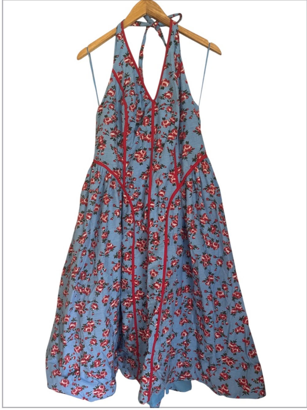 Anthropologie Dusty Blue  and Red Floral Smocked Midi Dress NWOT - Picture 4 of 8